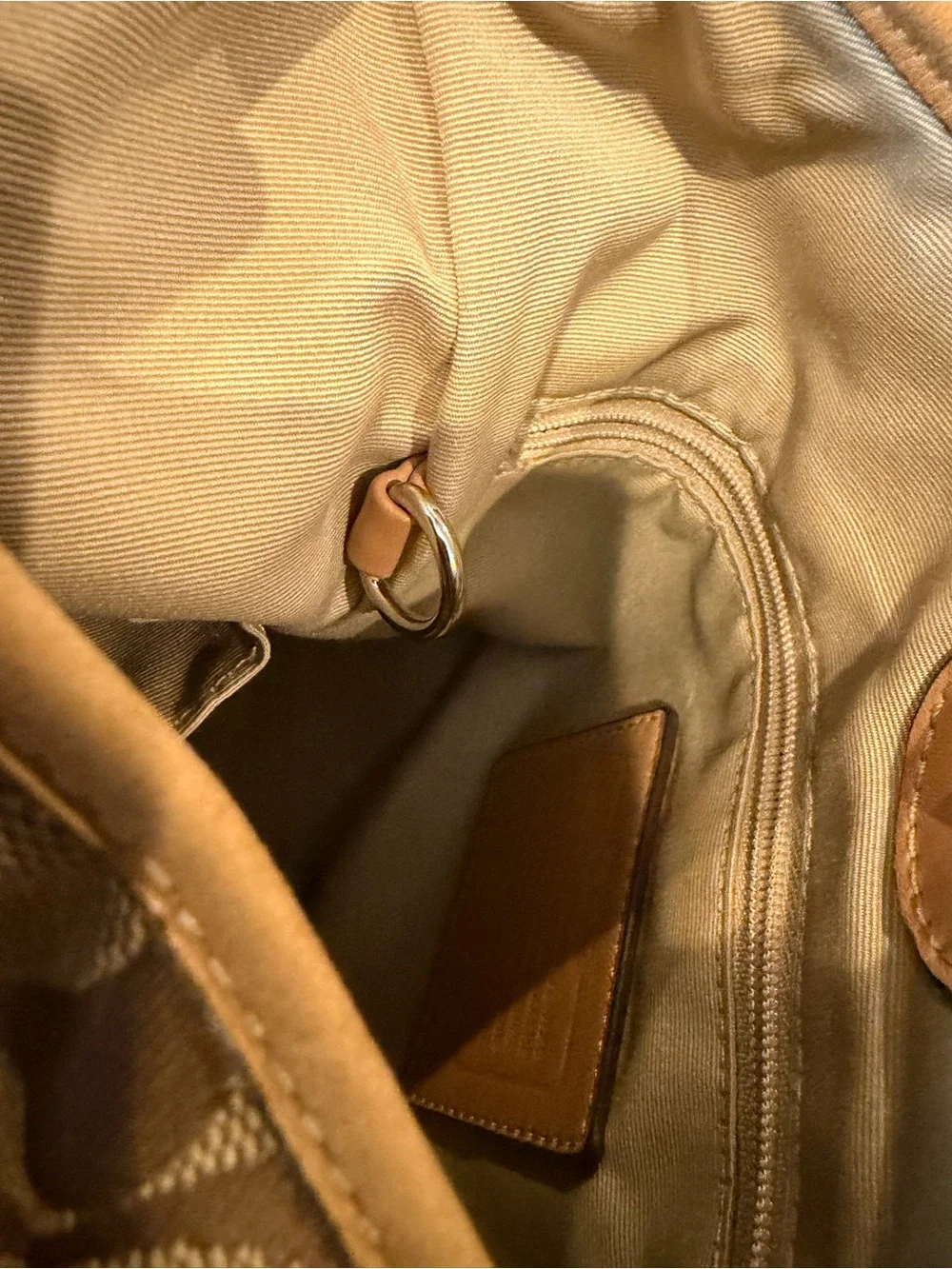 Coach Khaki/Brown Signature Canvas Shoulder Bag with Tan Trim